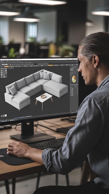 Photo male interior designer using professional 3d modeling software on a computer to create a modern liv