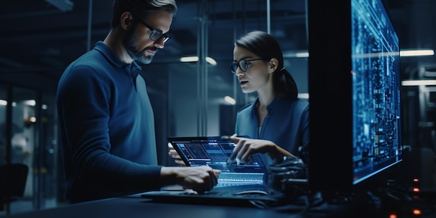 Male IT Specialist Holds Laptop and Discusses Work with Server Technician