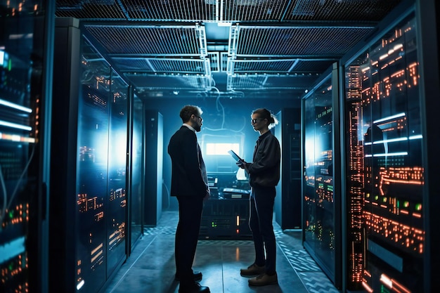 Male IT specialist and server technician discuss data transfer in cloud server