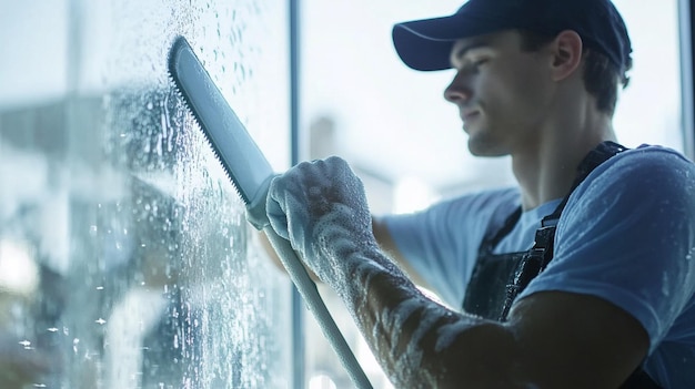 Photo male janitor cleaning window with squeegee closeup