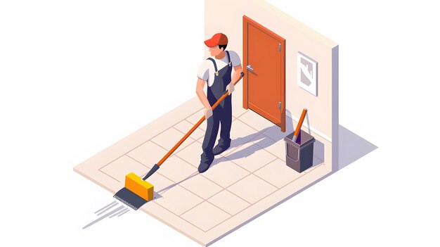 Photo male janitor sweeping floor in room isolated on white background isometry