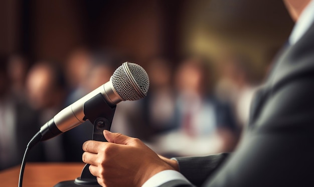 Male journalist at news conference or media event holding microphone writing notes journalism