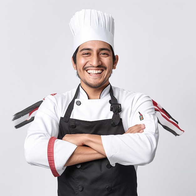 A male kitchen chef with white and red hat and white dress code