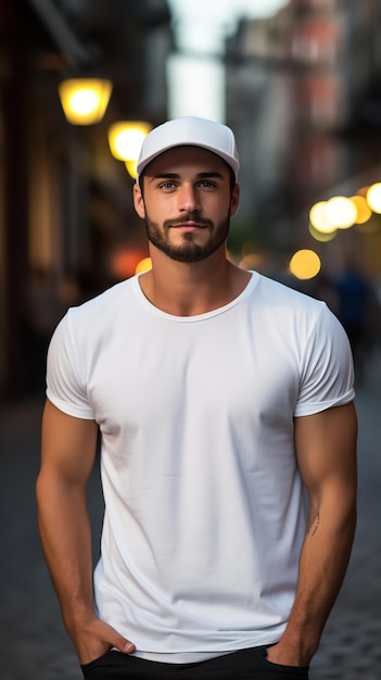 Male Latin model in white t shirt mockup in a local street Generative AI