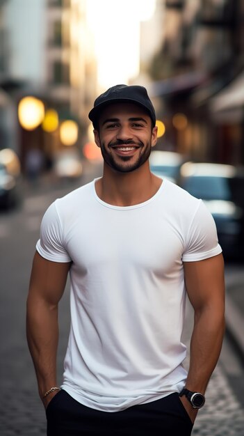 Male Latin model in white t shirt mockup in a local street Generative AI