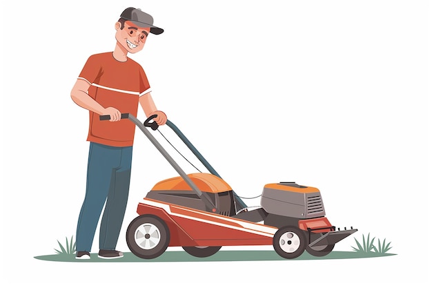 Photo male lawn worker mowing grass with lawn mower