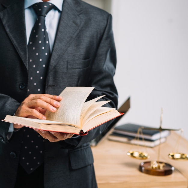 Male lawyer reading book standing in front of desk