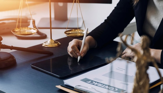 Male lawyer working with contract papers and wooden gavel on tabel in courtroom justice and law attorney court judge concept