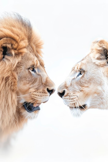 A male lion and a female lion roaring at each other white background