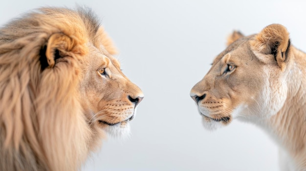 Photo a male lion and a female lion roaring at each other white background