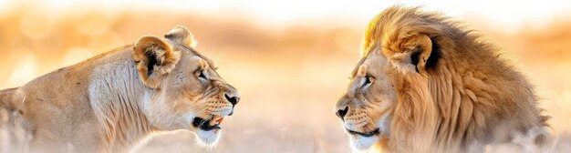 Photo a male lion and a female lion roaring at each other white background