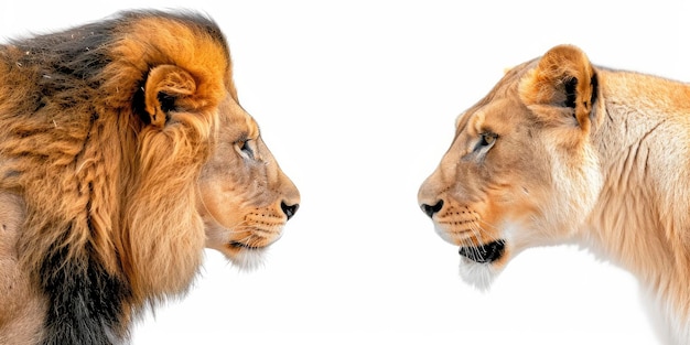 Photo a male lion and a female lion roaring at each other white background