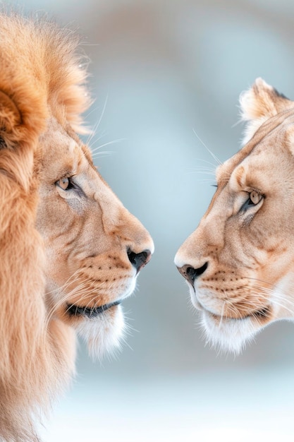 A male lion and a female lion roaring at each other white background