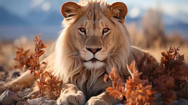 Male lion in the grass with a mountain background