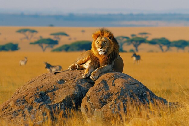 Photo male lion resting on a rock in the savanna with zebras and acacia trees in the background at sunset ai