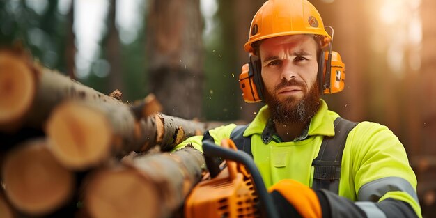 Photo male logger wearing protective gear and using chainsaw to cut trees outdoors concept logging chainsaw safety outdoors protective gear woodcutting