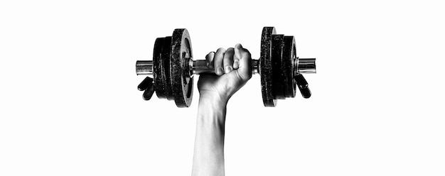 Male maleraising a dumbbell Man hand holding dumbbell in hand Black and white