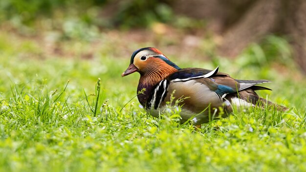 Male mandarin duck walking on green grass in summertime