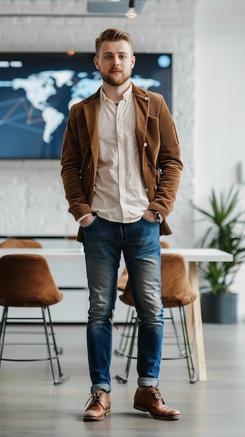 Photo male marketer in brown shoes blue jeans creamcolored shirt