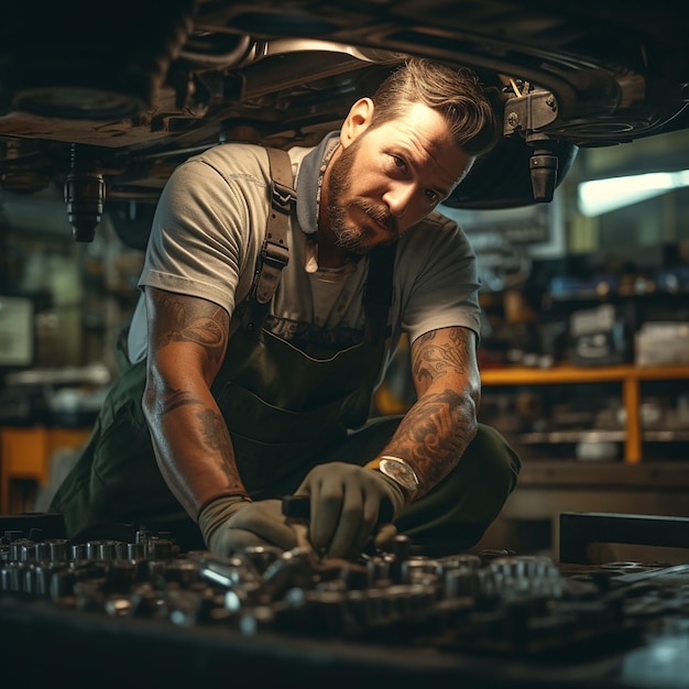 Photo male mechanic checking car suspension in auto service