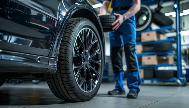 Photo male mechanic with car tire in auto store