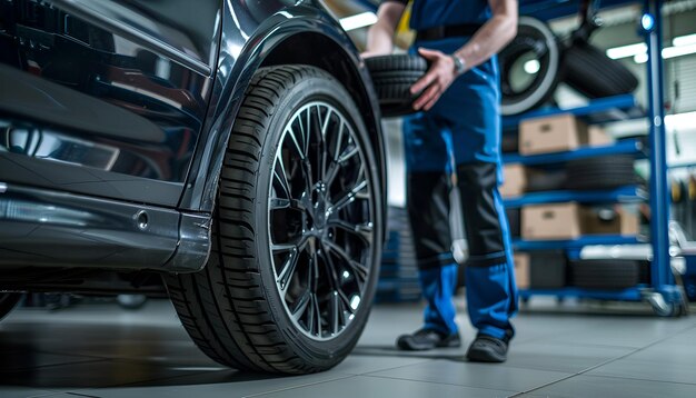 Photo male mechanic with car tire in auto store