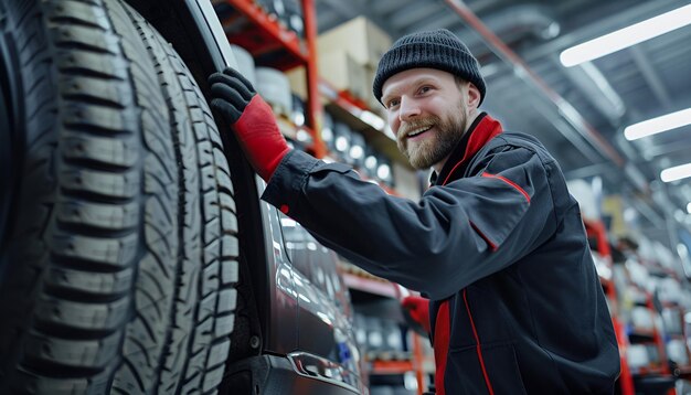 Photo male mechanic with car tire in auto store