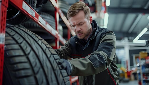 Photo male mechanic with car tire in auto store