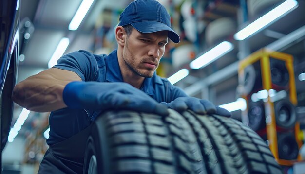 Photo male mechanic with car tire in auto store