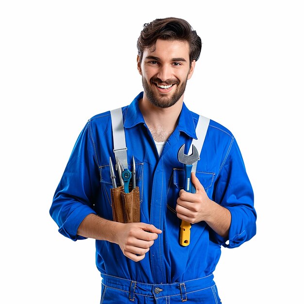 Photo male mechanic with tools on light blue color suit isolated on a white background