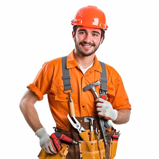 male mechanic with tools in light orange color kit isolated on a white background