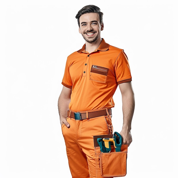 Photo male mechanic with tools on light orange color suit isolated on a white background