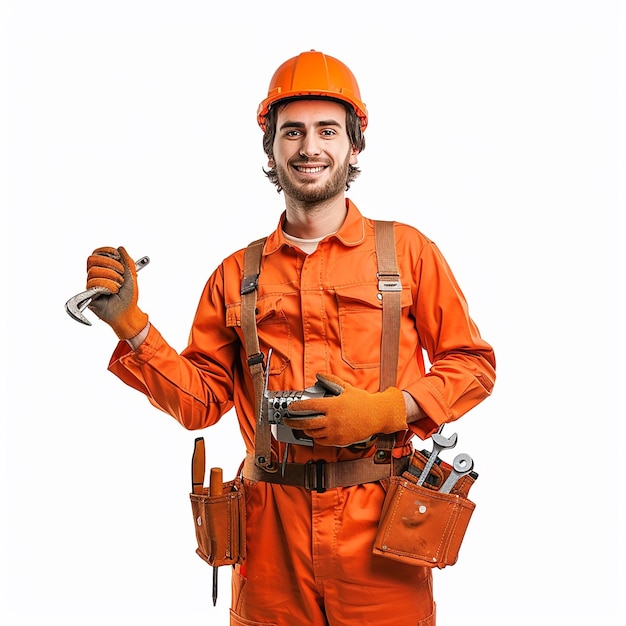 male mechanic with tools on light orange color suit isolated on a white background