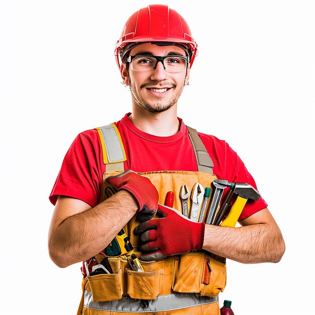 male mechanic with tools on light orange color suit isolated on a white background