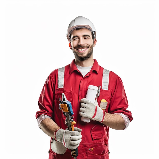 male mechanic with tools in light red color kit isolated on a white background