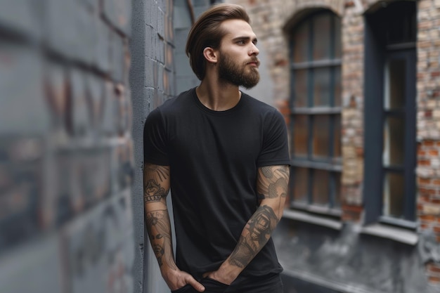 Photo male model in black t shirt for logo design in urban style