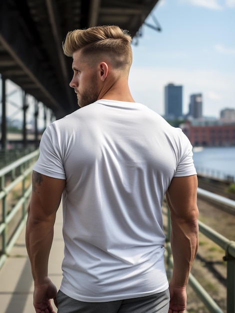 A male model in a classic white cotton Tshirt on a city street back view Generative ai