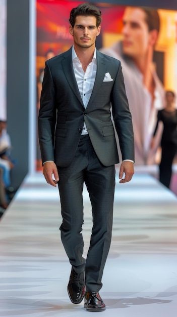 A male model exudes sophistication and allure while confidently strutting down a runway in a tailored suit