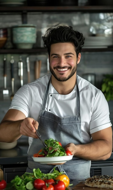 Male model looking shef wearing apron smiling at camera in his light kitchen