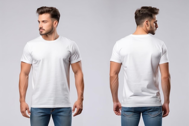 Male model in white tshirt and jeans posing front and back view in a studio with grey background