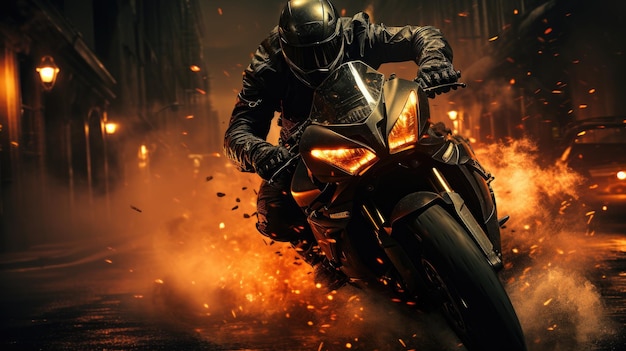 A male motorcyclist in a leather suit and helmet rides quickly on a motorcycle along a deserted street Dynamic and active extreme scene