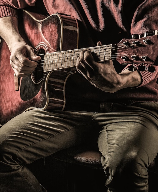 Male musician playing guitar music instrument Mans hands playing acoustic guitar close up Acoustic guitars playing Guitars acoustic