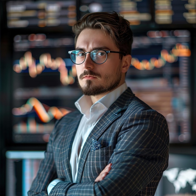 Photo a male nerd finance trader wearing glasses and a stylish suit stands in front of the graphic boards