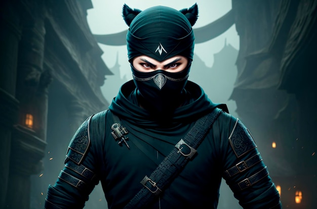 A male ninja with a black mask on his face covering his face Generative AI