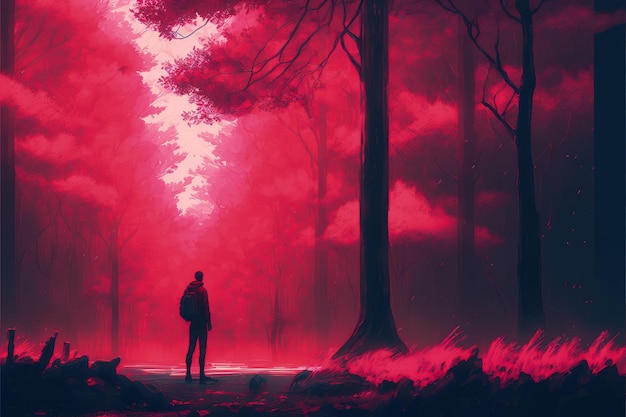 Male observing luminous modern illumination within a magical crimson woods Fantasy concept Illustration painting Generative AI