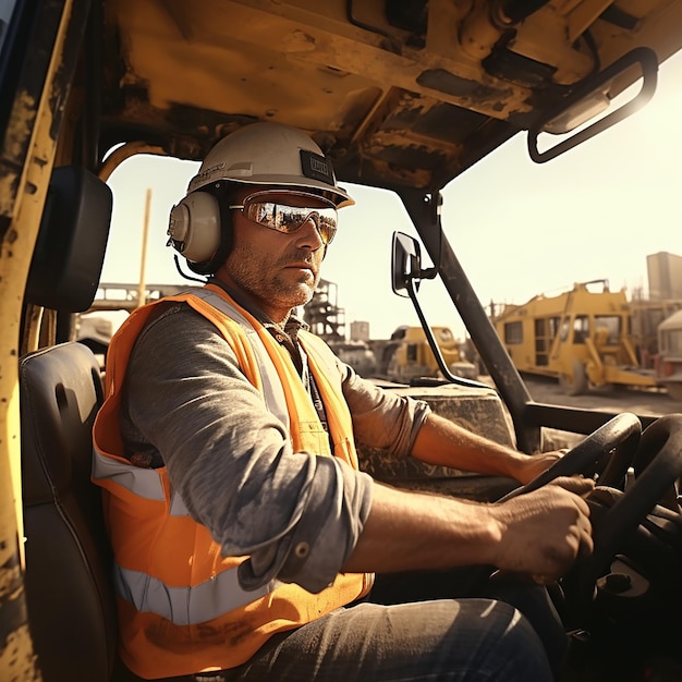 Photo male operator driving heavy equipment on construction site