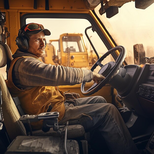 Photo male operator driving heavy equipment on construction site