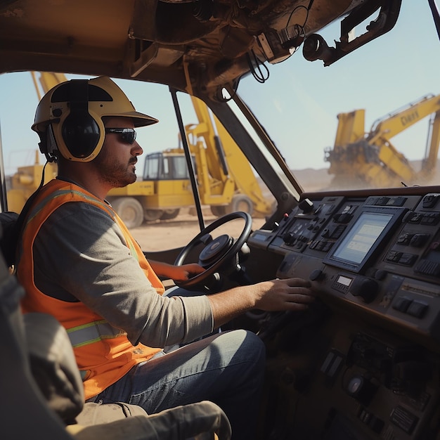 Photo male operator driving heavy equipment on construction site