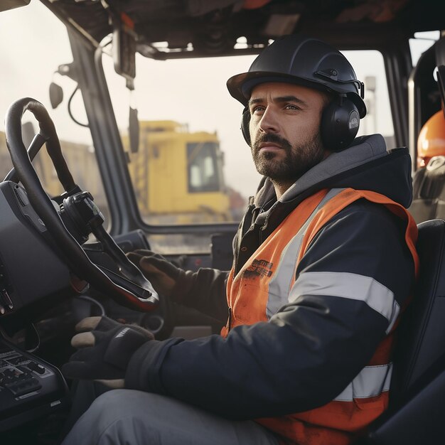 Photo male operator driving heavy equipment on construction site