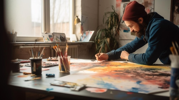 The male painter sitting in the studio using watercolor on his art Generative AI AIG21